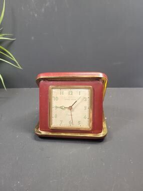 Working Vintage Phinney Walker Travel Alarm Clock Maroon Folding Case 1950s MCM